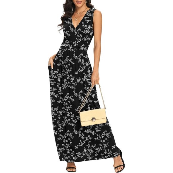 Women Black Leaves Deep V Neck Sleeveless Loose Plain Long Maxi Stretchy Dress - Picture 1 of 6